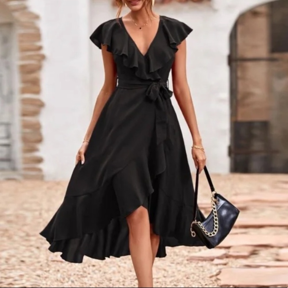 Boho navy blue ruffle hem wrap belted maxi dress - Picture 3 of 13
